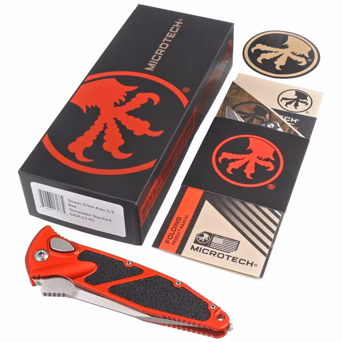 Microtech-Socom-Elite-Auto-S-E-Red-Aluminum-3M-Stonewashed-M390-by-Tony-Marfione-Switchblade-160A-10RD