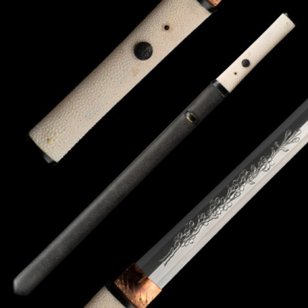 Aichi Wakizashi Tamahagane Flower Horimono s oboustranným hamonem Suguha - Image 2